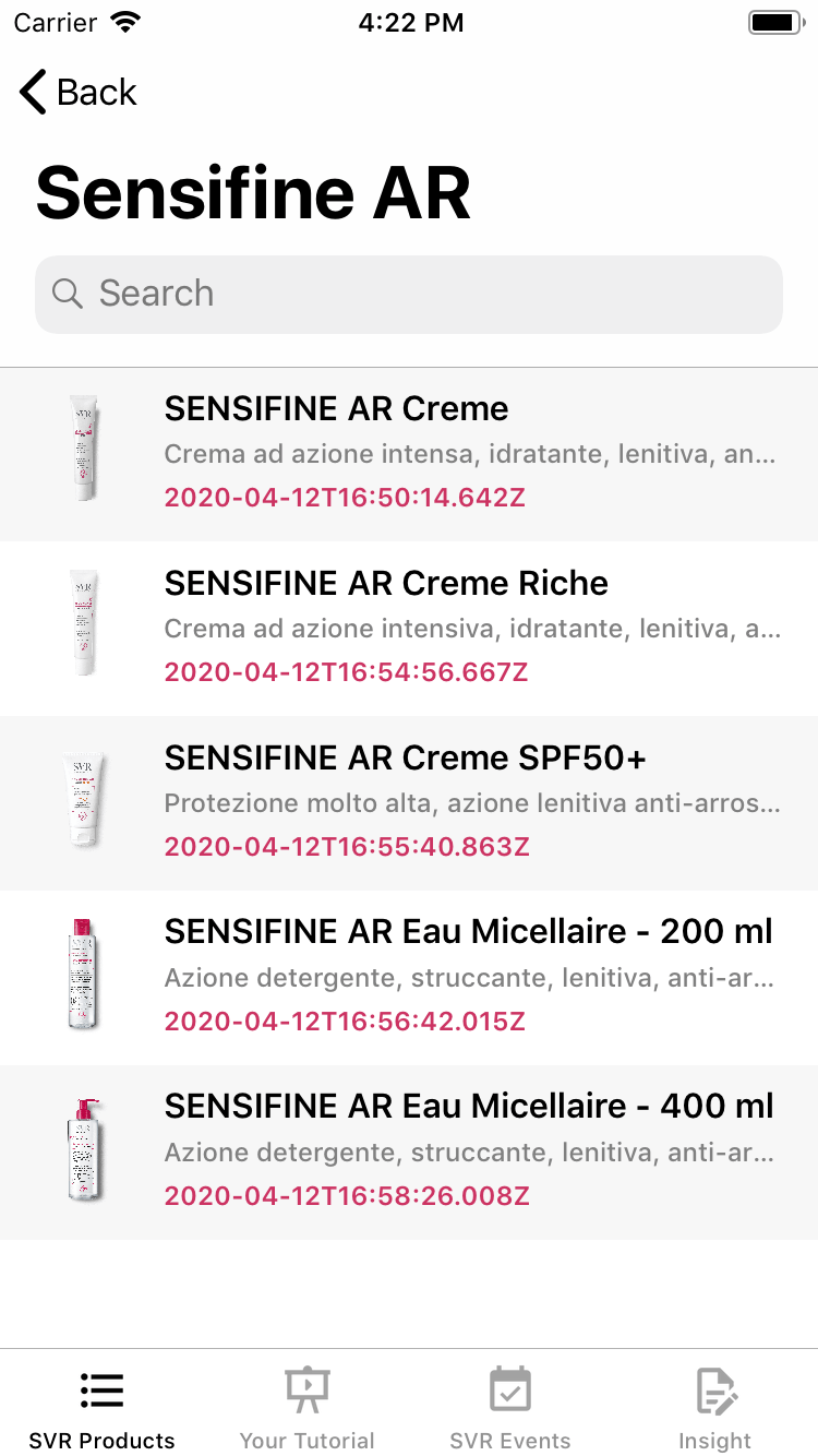 Screenshot App SVR Prodotti