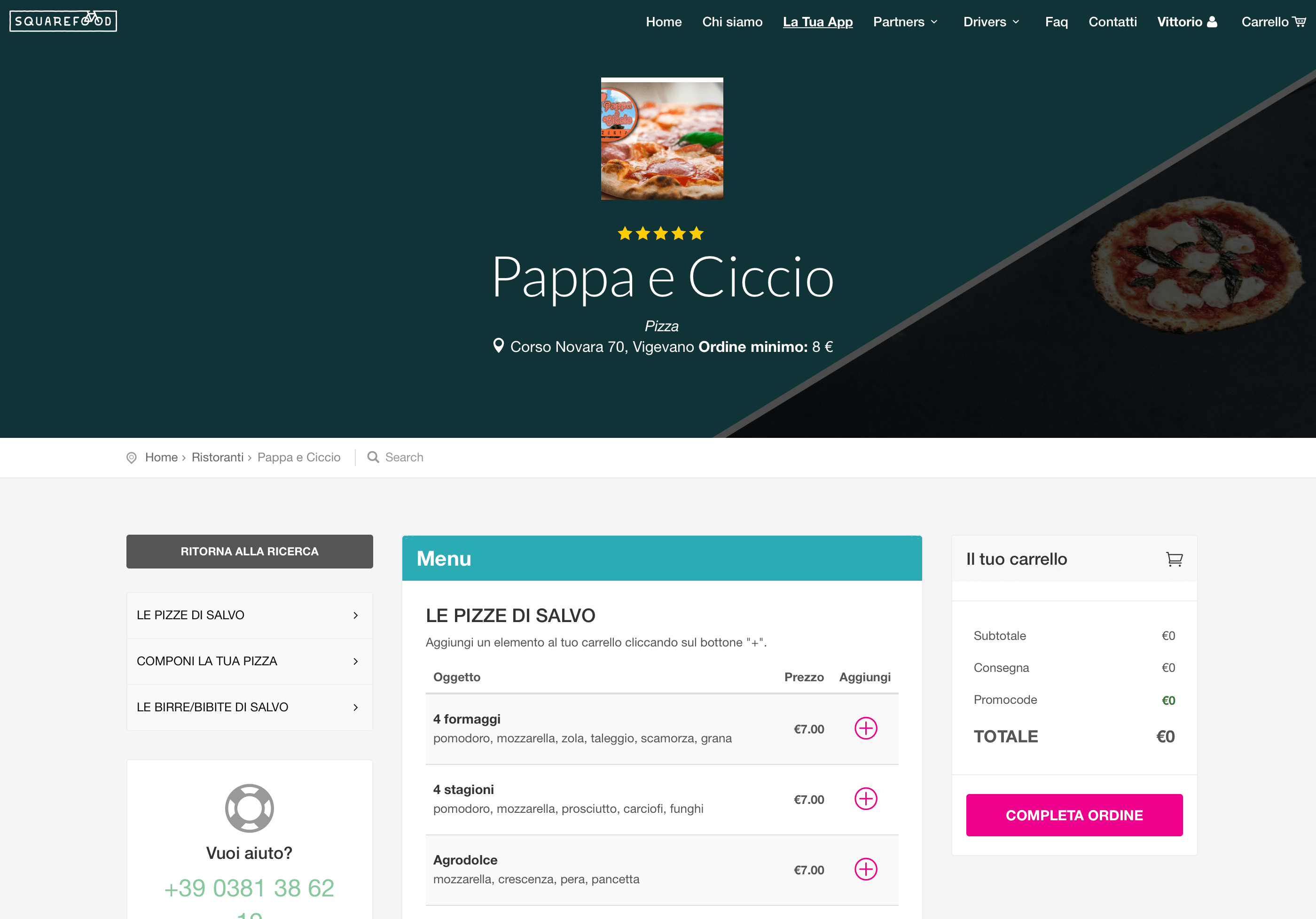 Ordine da un ristorante Squarefood