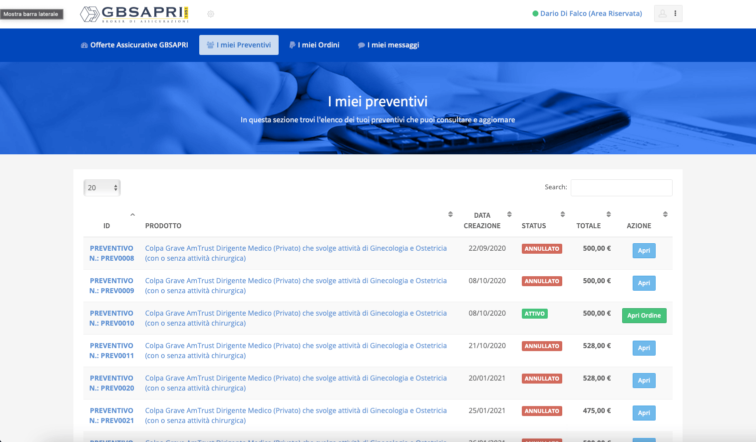 Pagina di riepilogo preventivi Affinity GBSapri