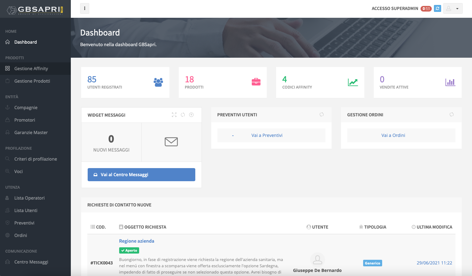 Dashboard gestione Affinity GBSapri