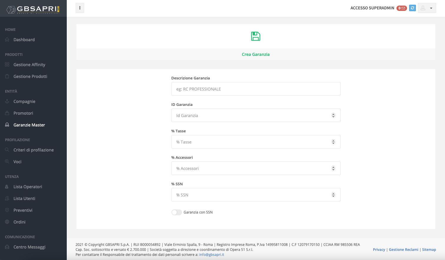Pagina per creare una garanzia Affinity GBSapri