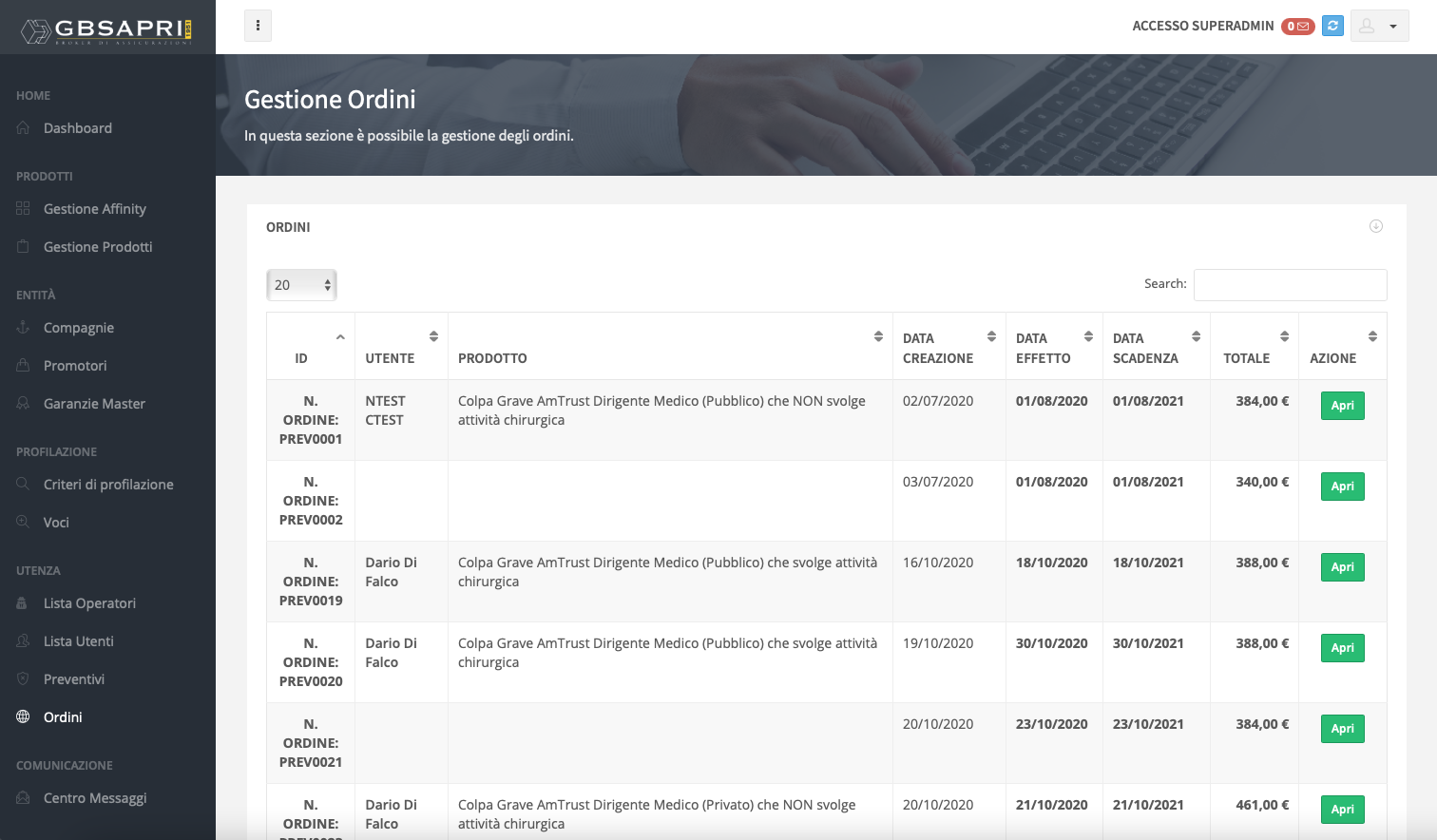Pagina di gestione ordini Affinity GBSapri