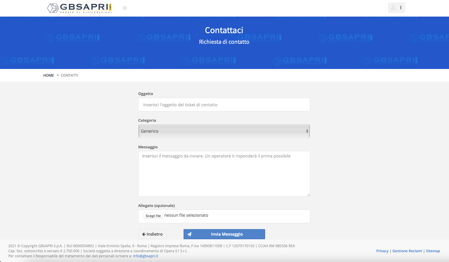 Modulo di contatti assistenza Affinity GBSapri