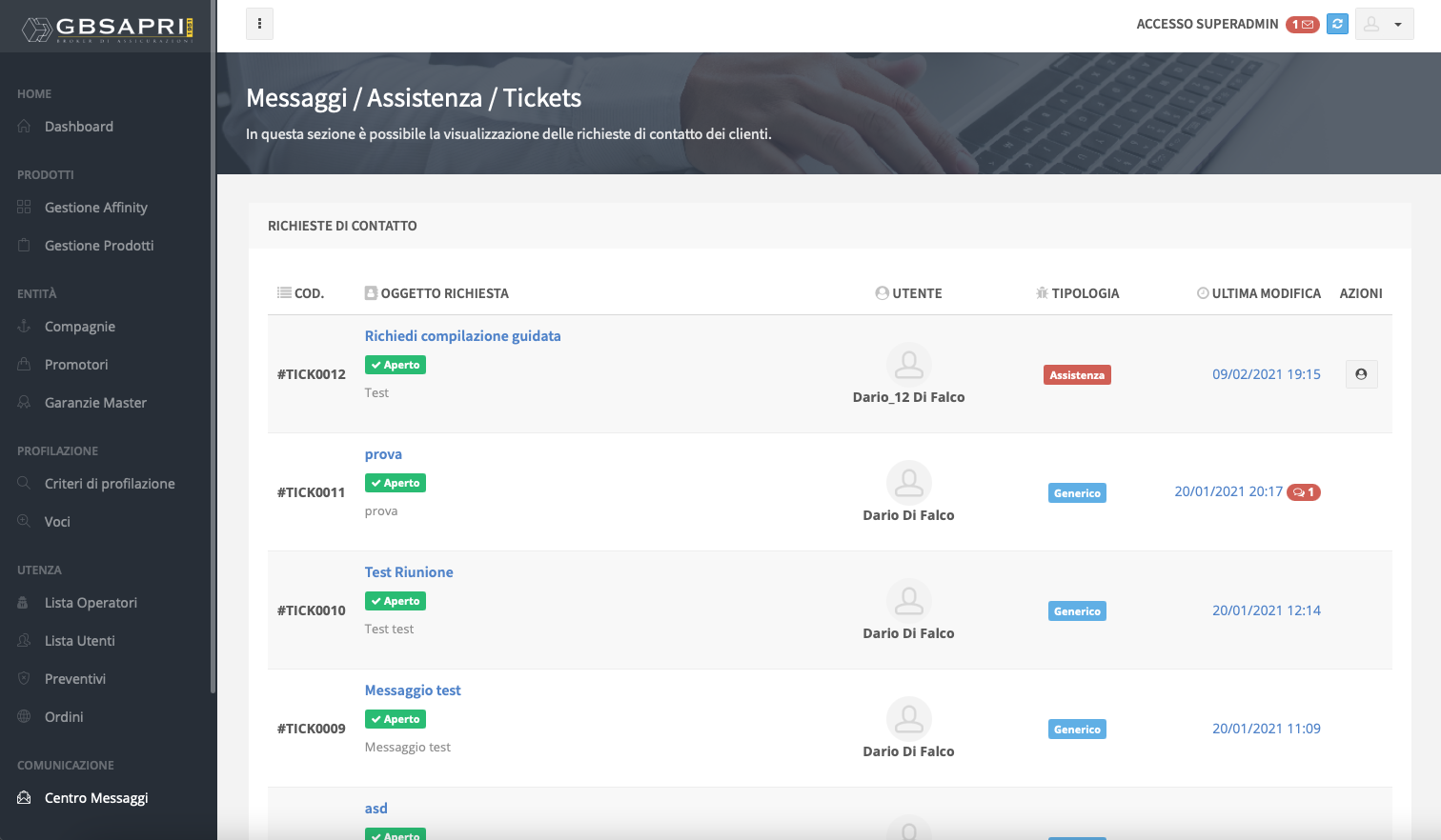 Tickets di assistenza Affinity GBSapri