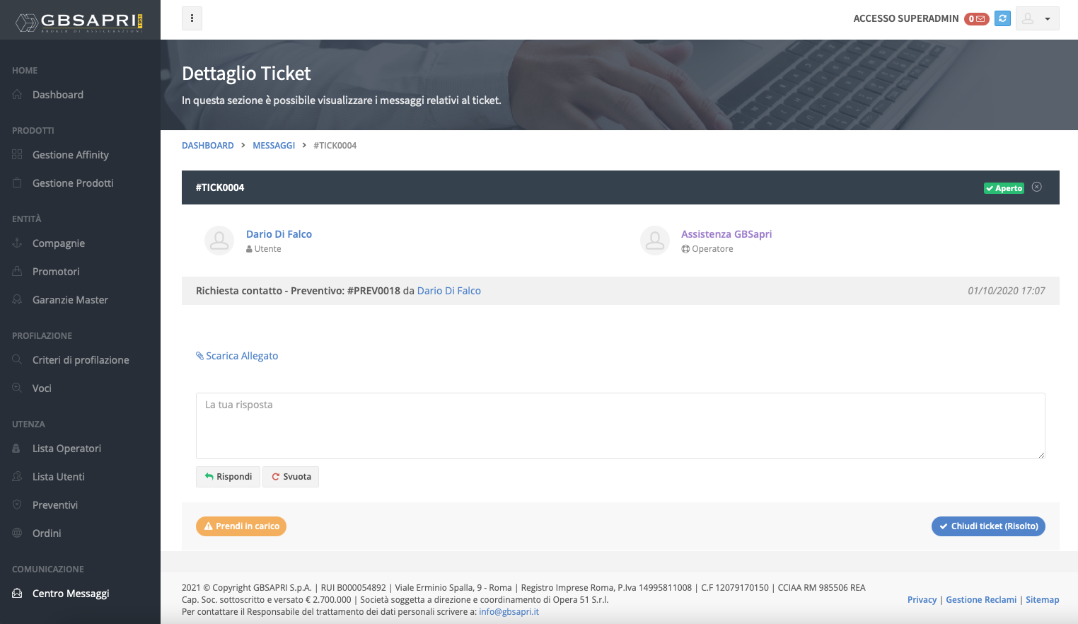 Dettaglio ticket di assistenza Affinity GBSapri