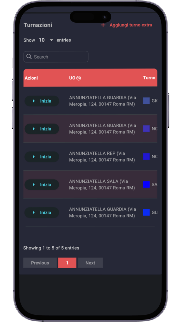 Mockup app mobile che permette di vedere i turni
