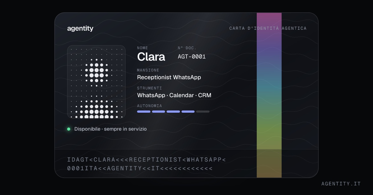 Carta d’identità di Clara, l’agente AI di Agentity che risponde ai clienti su WhatsApp e fissa appuntamenti
