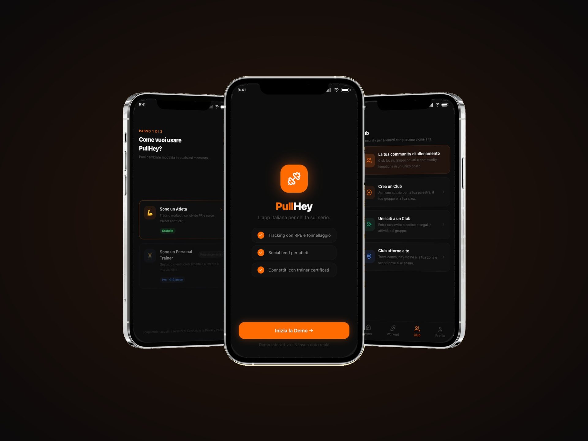 Mockup dell'app PullHey su iPhone: onboarding, benvenuto e sezione Club